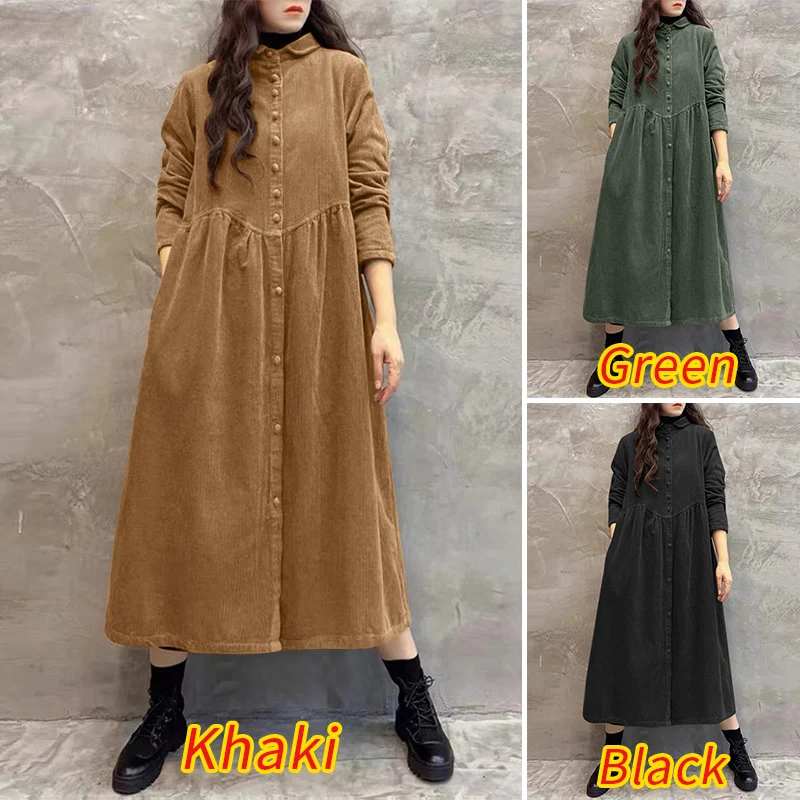 Women Autumn Corduroy Dress ZANZEA Casual Long Sleeve Buttons Up Sundress Solid Loose Holiday Vestido Kaftan Vintage Shirt Dress