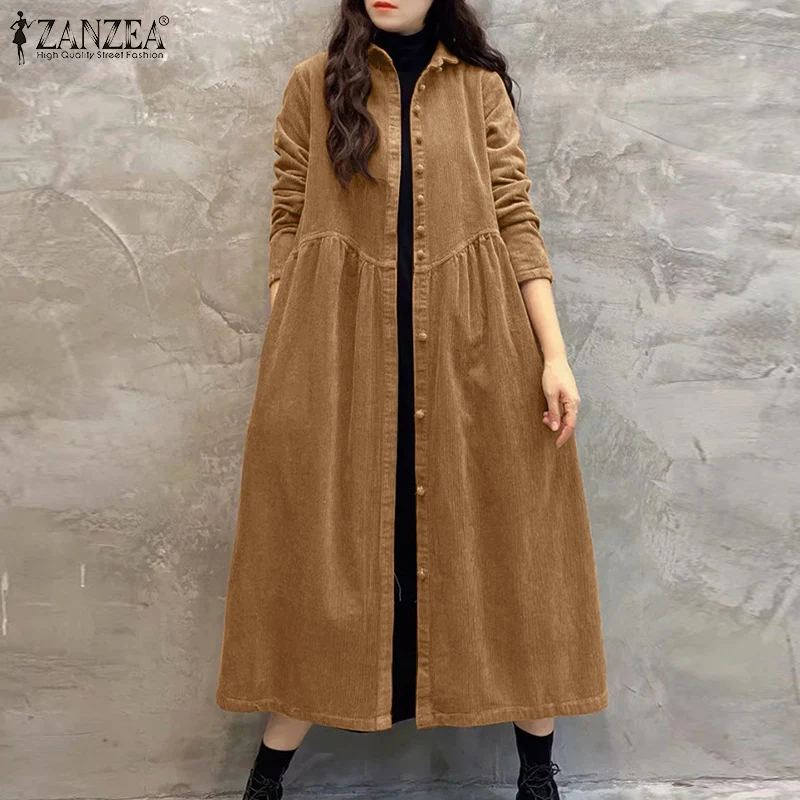 Women Autumn Corduroy Dress ZANZEA Casual Long Sleeve Buttons Up Sundress Solid Loose Holiday Vestido Kaftan Vintage Shirt Dress