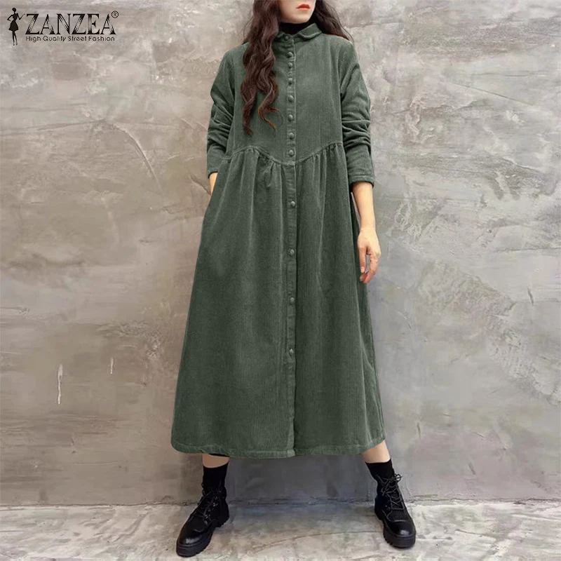 Women Autumn Corduroy Dress ZANZEA Casual Long Sleeve Buttons Up Sundress Solid Loose Holiday Vestido Kaftan Vintage Shirt Dress