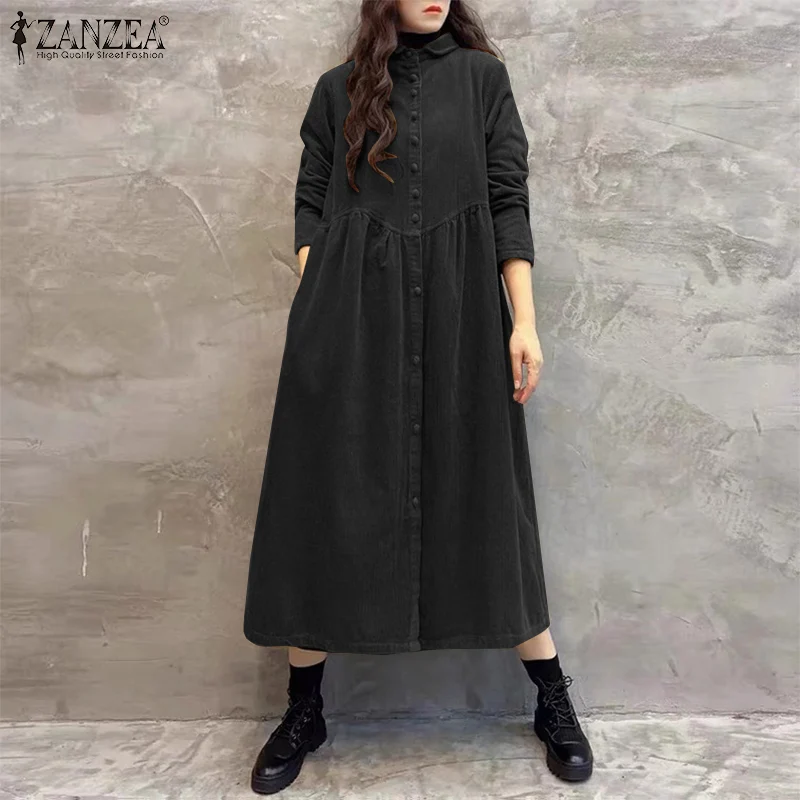 Women Autumn Corduroy Dress ZANZEA Casual Long Sleeve Buttons Up Sundress Solid Loose Holiday Vestido Kaftan Vintage Shirt Dress