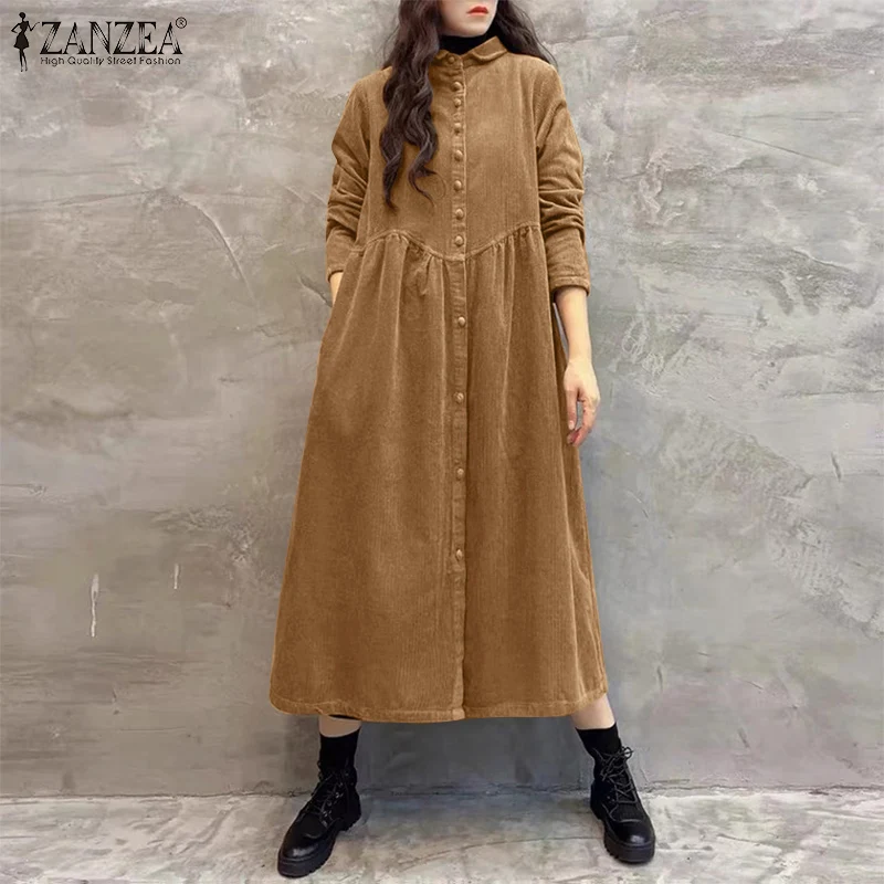 Women Autumn Corduroy Dress ZANZEA Casual Long Sleeve Buttons Up Sundress Solid Loose Holiday Vestido Kaftan Vintage Shirt Dress