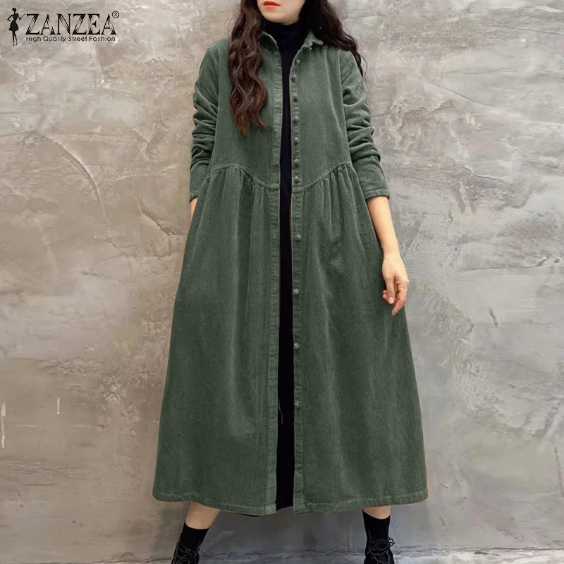 Women Autumn Corduroy Dress ZANZEA Casual Long Sleeve Buttons Up Sundress Solid Loose Holiday Vestido Kaftan Vintage Shirt Dress