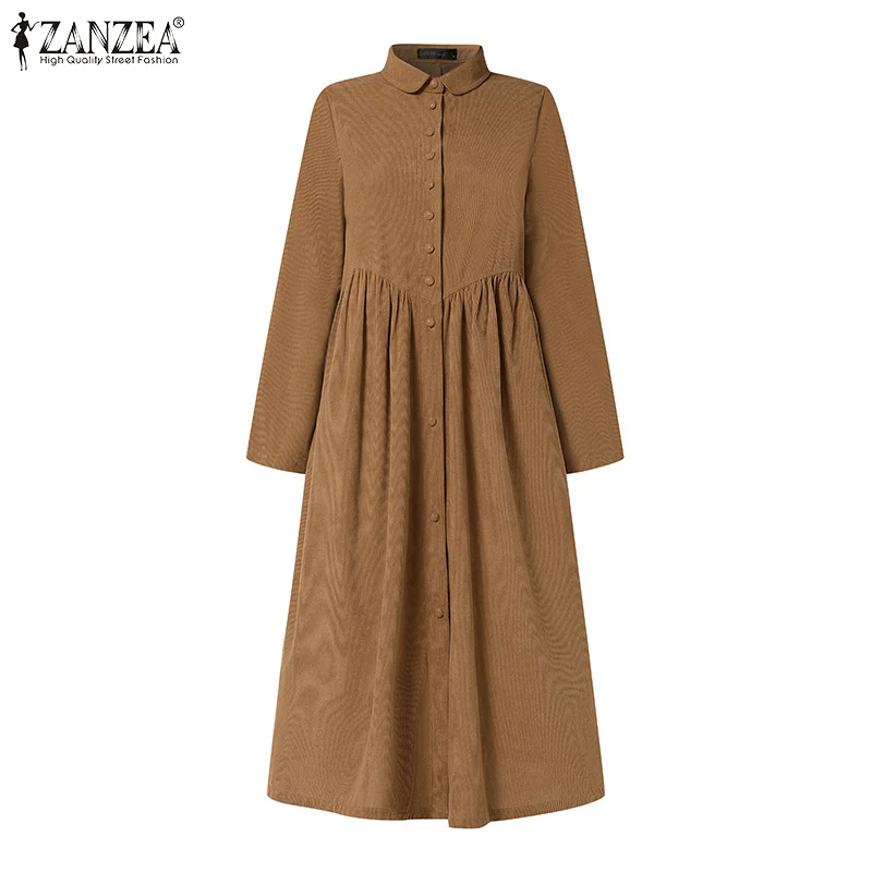 Women Autumn Corduroy Dress ZANZEA Casual Long Sleeve Buttons Up Sundress Solid Loose Holiday Vestido Kaftan Vintage Shirt Dress