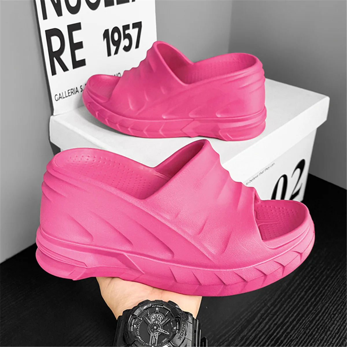 Women Fashion Summer 8 cm Chunky Sole Wedges Heels Flip Flops Casual Shoes Waterproof Taiwan Slippers Sexy Lady Sandals