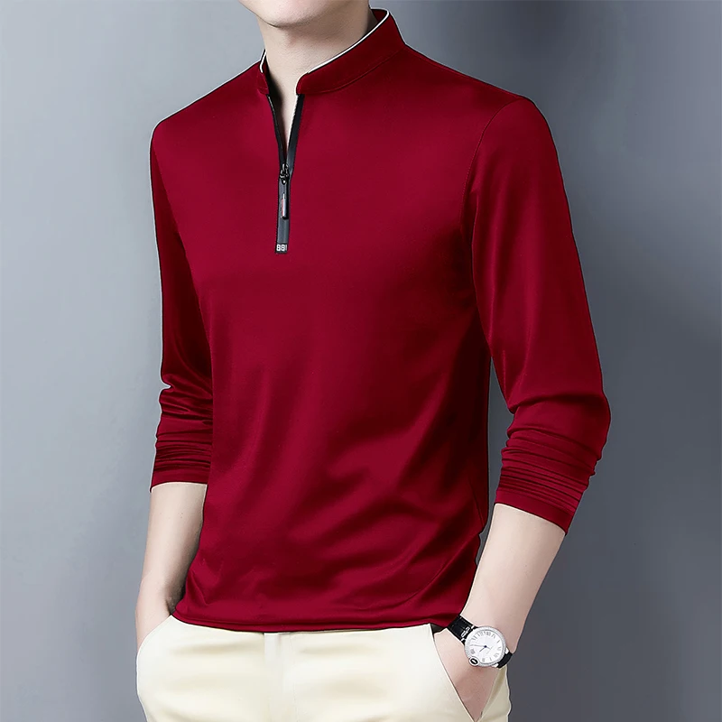 2025 Men's Casual Fashion Solid Color Long Sleeved Polo Shirt Stand Up Collar Versatile Comfortable Top