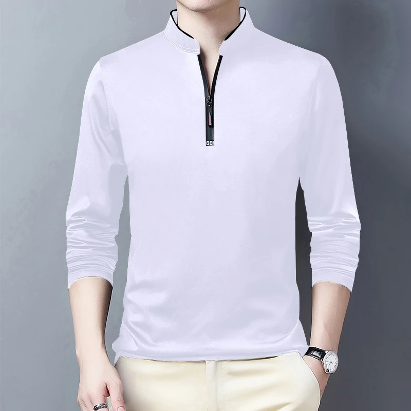2025 Men's Casual Fashion Solid Color Long Sleeved Polo Shirt Stand Up Collar Versatile Comfortable Top