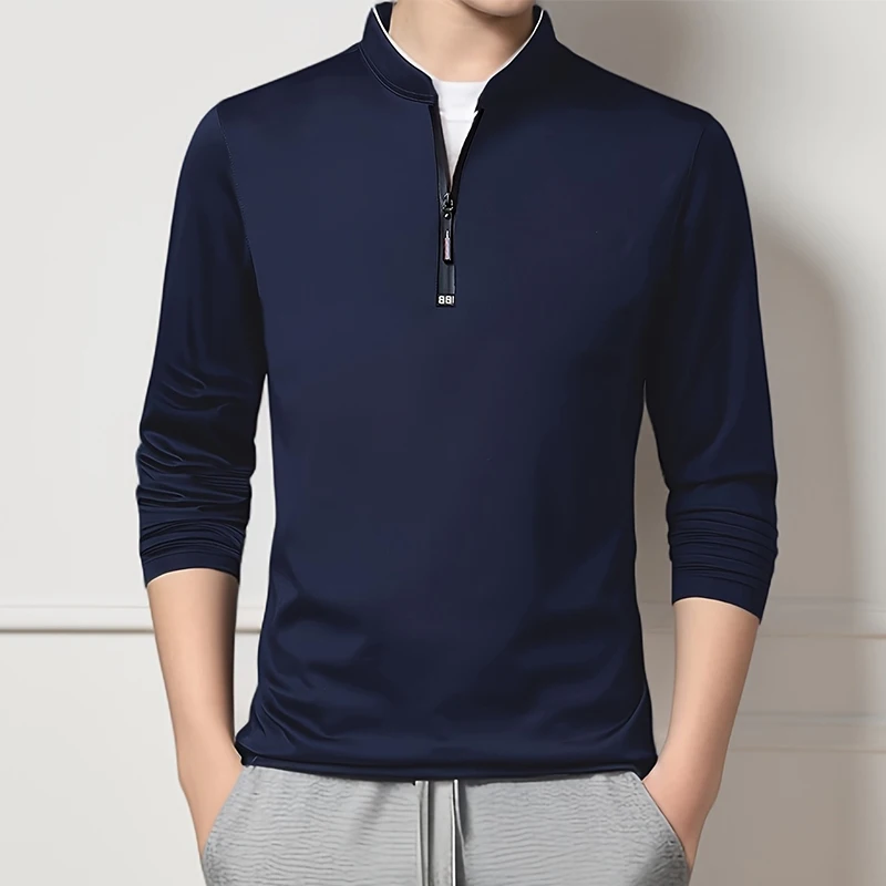 2025 Men's Casual Fashion Solid Color Long Sleeved Polo Shirt Stand Up Collar Versatile Comfortable Top