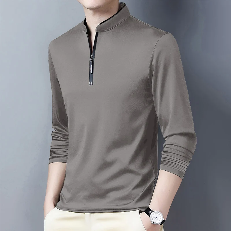 2025 Men's Casual Fashion Solid Color Long Sleeved Polo Shirt Stand Up Collar Versatile Comfortable Top