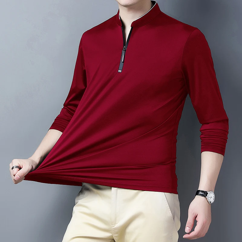 2025 Men's Casual Fashion Solid Color Long Sleeved Polo Shirt Stand Up Collar Versatile Comfortable Top