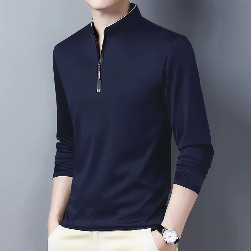 2025 Men's Casual Fashion Solid Color Long Sleeved Polo Shirt Stand Up Collar Versatile Comfortable Top