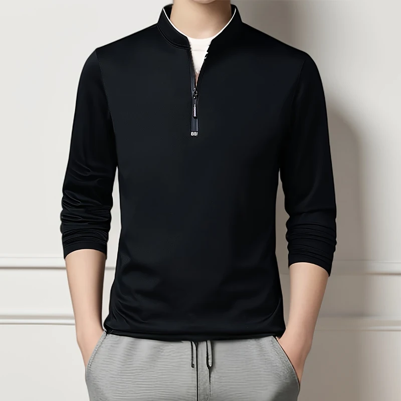 2025 Men's Casual Fashion Solid Color Long Sleeved Polo Shirt Stand Up Collar Versatile Comfortable Top
