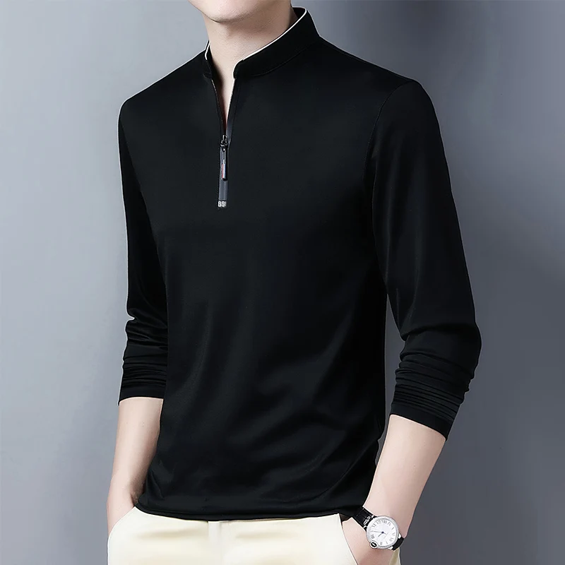 2025 Men's Casual Fashion Solid Color Long Sleeved Polo Shirt Stand Up Collar Versatile Comfortable Top