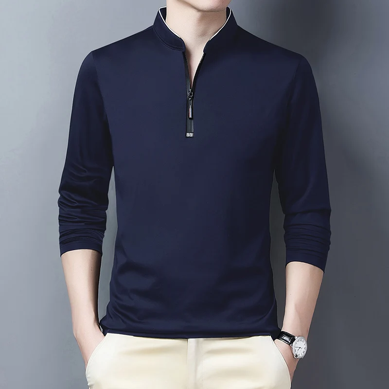 2025 Men's Casual Fashion Solid Color Long Sleeved Polo Shirt Stand Up Collar Versatile Comfortable Top