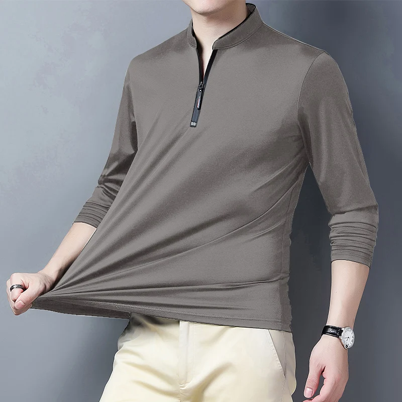 2025 Men's Casual Fashion Solid Color Long Sleeved Polo Shirt Stand Up Collar Versatile Comfortable Top