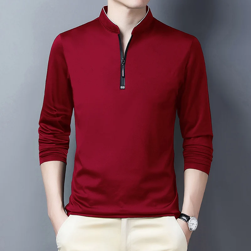 2025 Men's Casual Fashion Solid Color Long Sleeved Polo Shirt Stand Up Collar Versatile Comfortable Top
