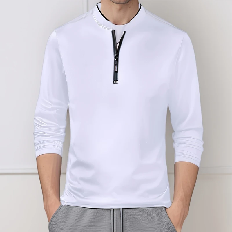 2025 Men's Casual Fashion Solid Color Long Sleeved Polo Shirt Stand Up Collar Versatile Comfortable Top