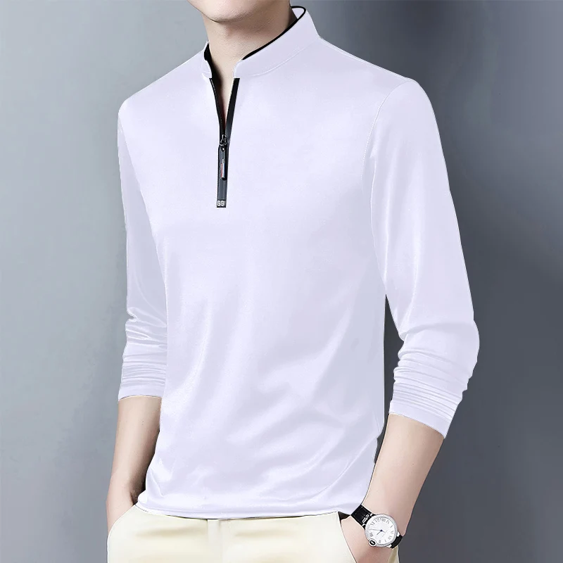 2025 Men's Casual Fashion Solid Color Long Sleeved Polo Shirt Stand Up Collar Versatile Comfortable Top