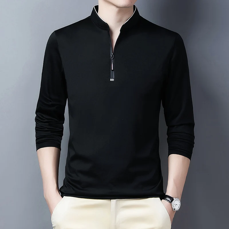 2025 Men's Casual Fashion Solid Color Long Sleeved Polo Shirt Stand Up Collar Versatile Comfortable Top