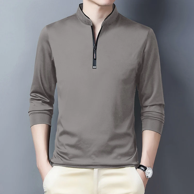 2025 Men's Casual Fashion Solid Color Long Sleeved Polo Shirt Stand Up Collar Versatile Comfortable Top