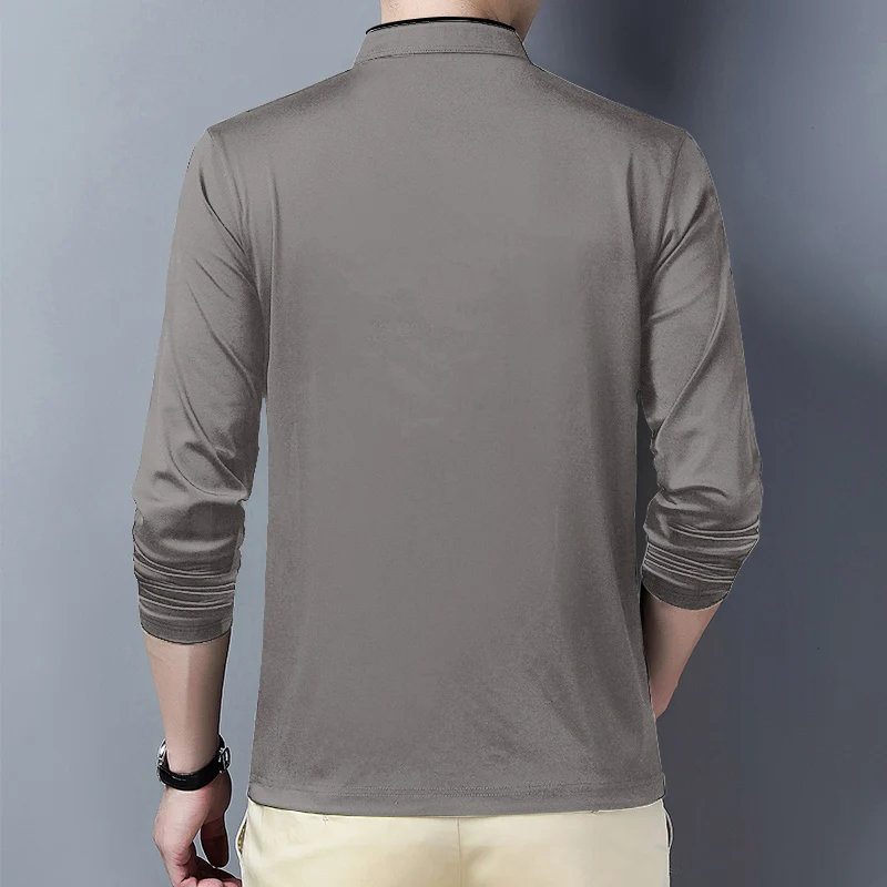 2025 Men's Casual Fashion Solid Color Long Sleeved Polo Shirt Stand Up Collar Versatile Comfortable Top