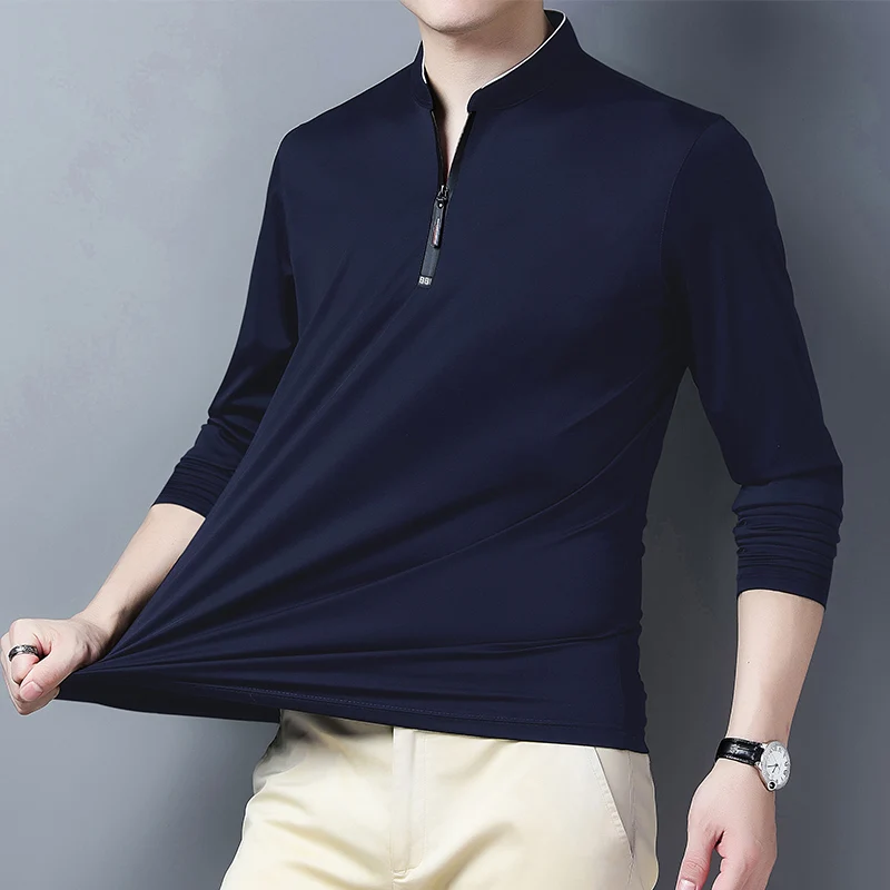 2025 Men's Casual Fashion Solid Color Long Sleeved Polo Shirt Stand Up Collar Versatile Comfortable Top