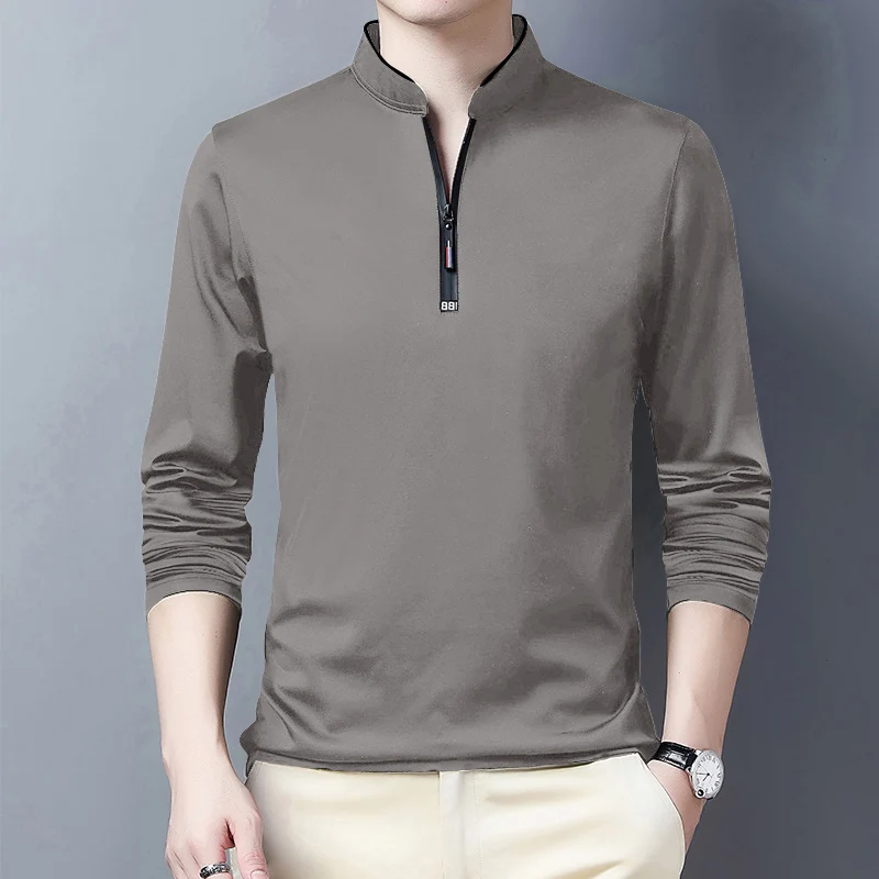 2025 Men's Casual Fashion Solid Color Long Sleeved Polo Shirt Stand Up Collar Versatile Comfortable Top