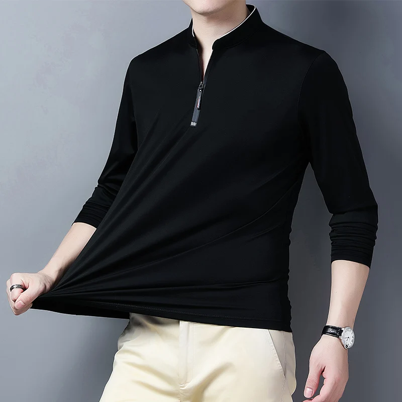 2025 Men's Casual Fashion Solid Color Long Sleeved Polo Shirt Stand Up Collar Versatile Comfortable Top