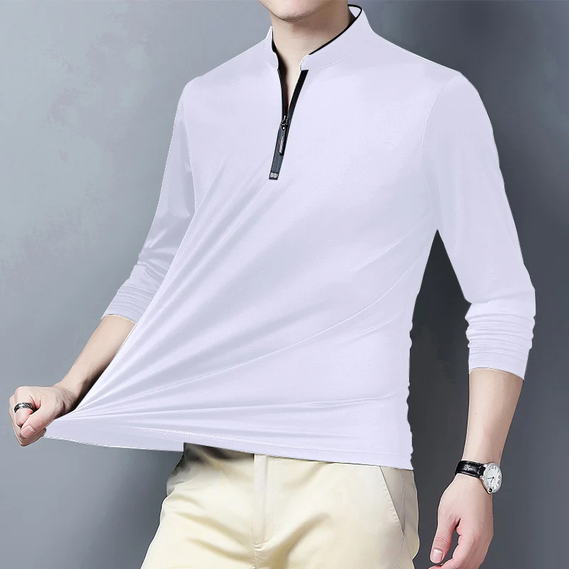 2025 Men's Casual Fashion Solid Color Long Sleeved Polo Shirt Stand Up Collar Versatile Comfortable Top
