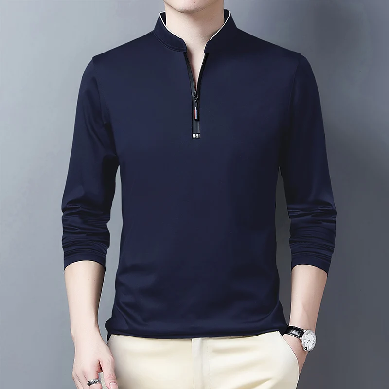 2025 Men's Casual Fashion Solid Color Long Sleeved Polo Shirt Stand Up Collar Versatile Comfortable Top