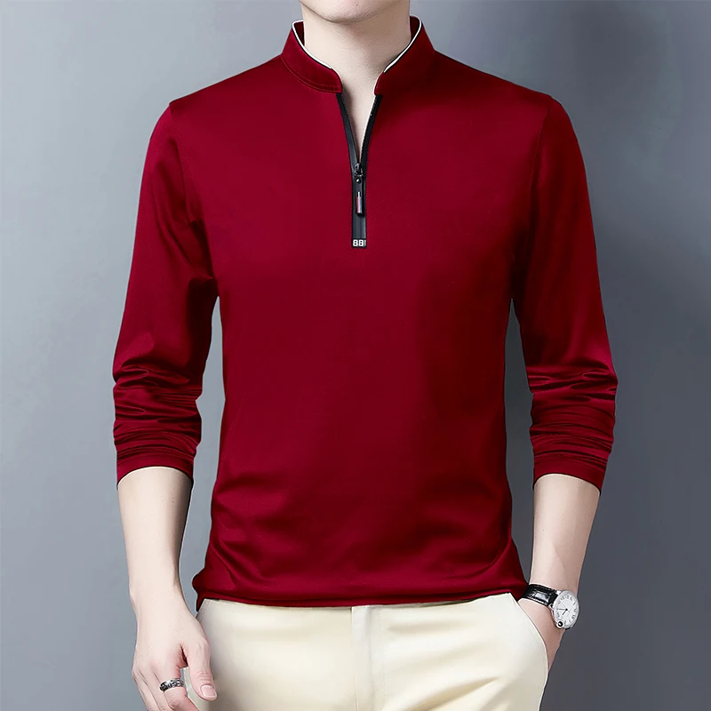 2025 Men's Casual Fashion Solid Color Long Sleeved Polo Shirt Stand Up Collar Versatile Comfortable Top