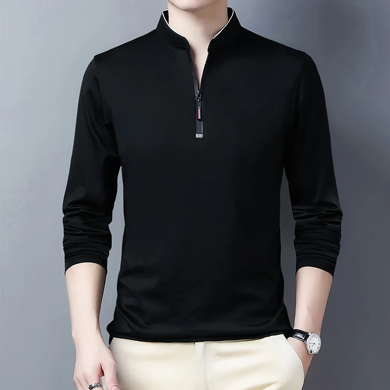 2025 Men's Casual Fashion Solid Color Long Sleeved Polo Shirt Stand Up Collar Versatile Comfortable Top