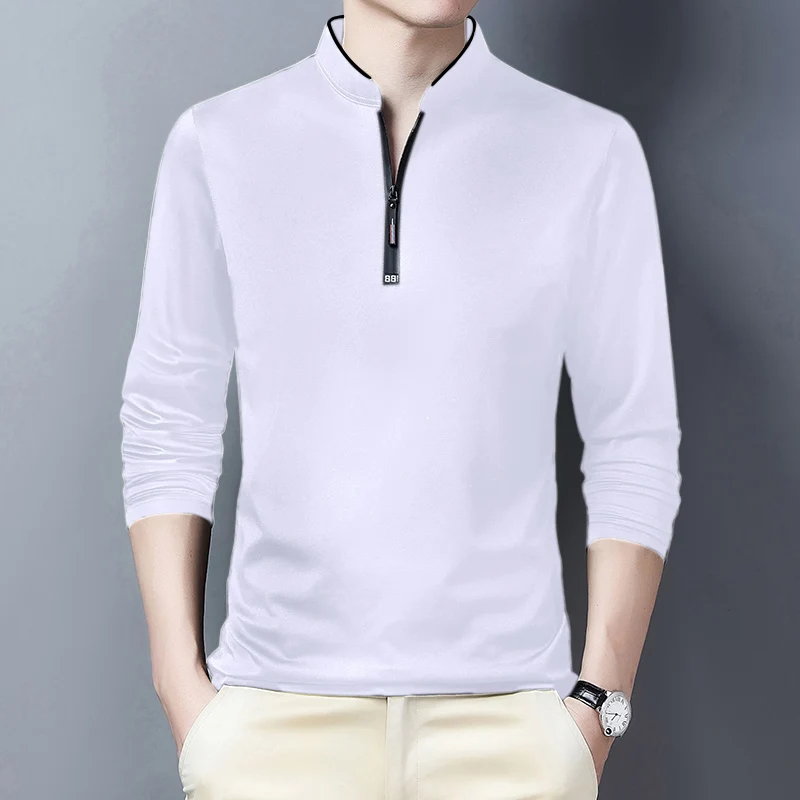 2025 Men's Casual Fashion Solid Color Long Sleeved Polo Shirt Stand Up Collar Versatile Comfortable Top
