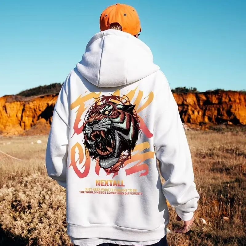 【M-8XL Hoodies】Men Oversized Hoodie Loose American retro fierce tiger Print Couple Hoodies