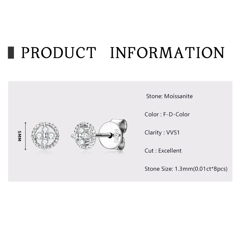 Lnngy 1.3mm Moissanite Stud Earring Pendientes Plata 925 Sterling Silver Lucky Flower Stud Earrings For Women Daily Jewelry Gift