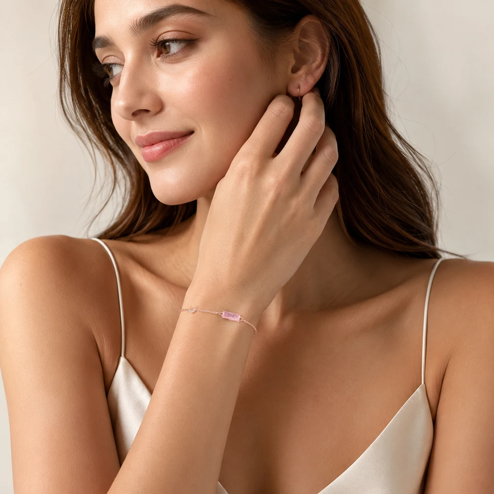 Rose Gold Plated Bracelet Pink Stone Star and Moon Summer 925 Sterling Silver Jewelry Romantic Gift For Women