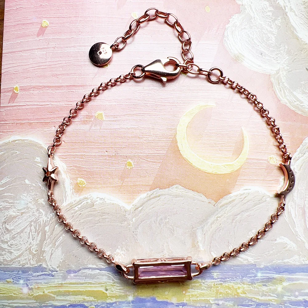 Rose Gold Plated Bracelet Pink Stone Star and Moon Summer 925 Sterling Silver Jewelry Romantic Gift For Women