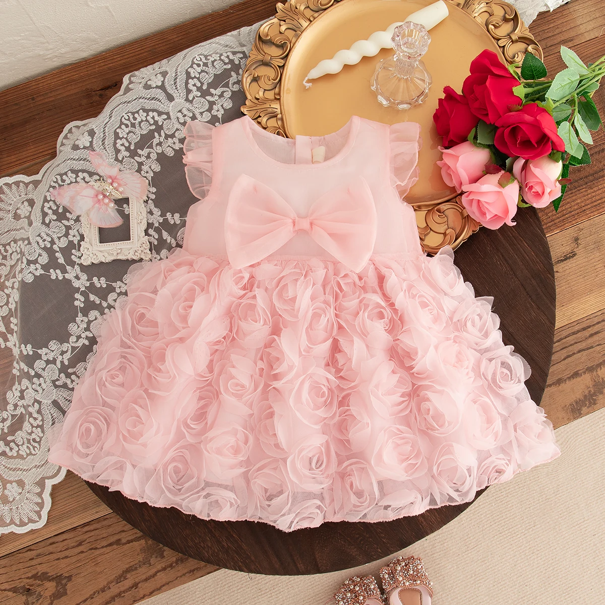 Elegant Baby Dress Rose Flower Mesh Princess Dress Big Bow Baby Tutu Dress Gown for Kids