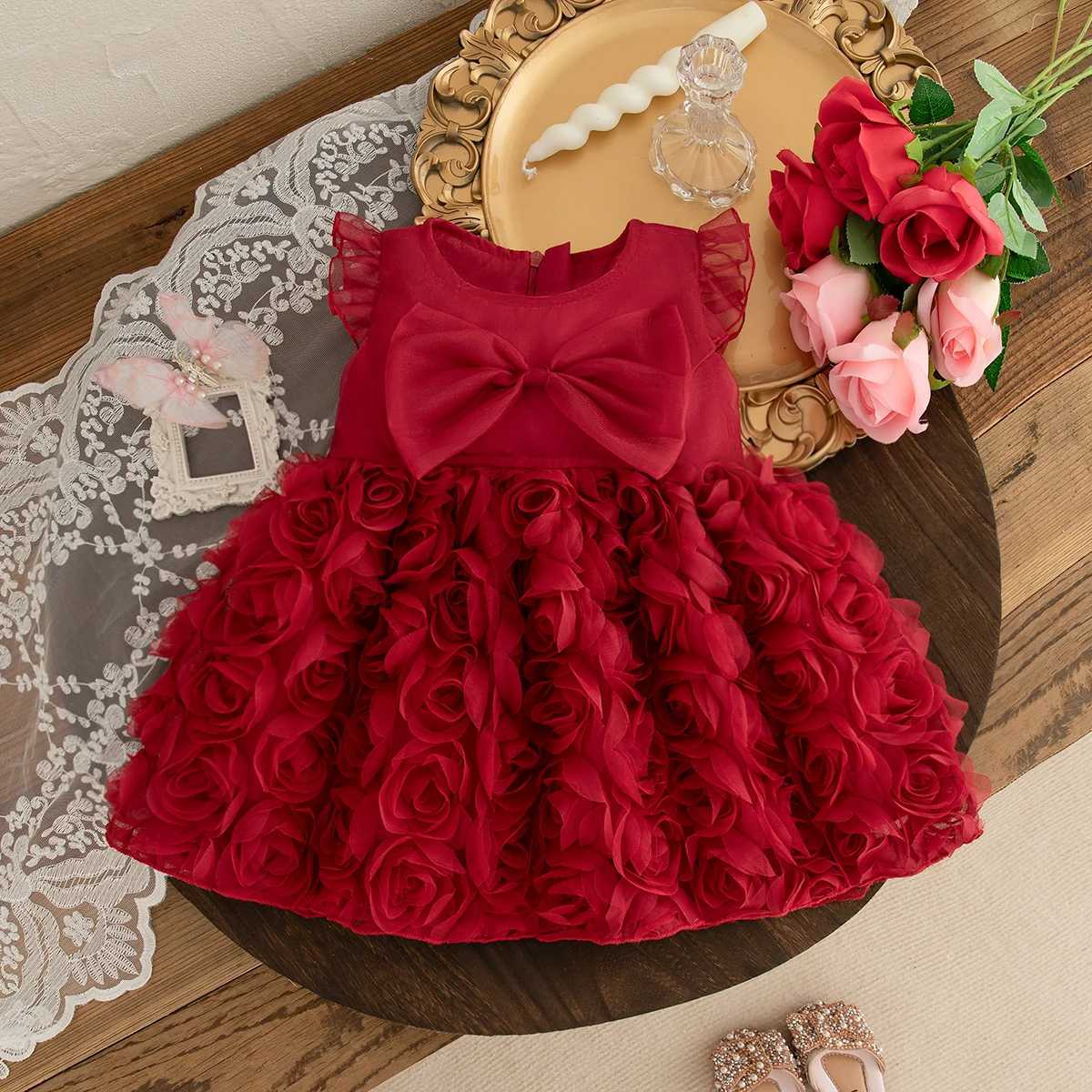 Elegant Baby Dress Rose Flower Mesh Princess Dress Big Bow Baby Tutu Dress Gown for Kids