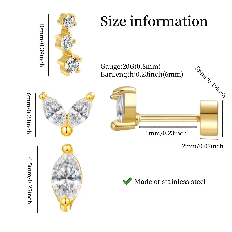 6Pcs 20G Hypoallergenic Stainless Steel Tiny Stud Earrings,Dainty CZ Cartilage Conch Helix Ear Piercing Jewelry Gift