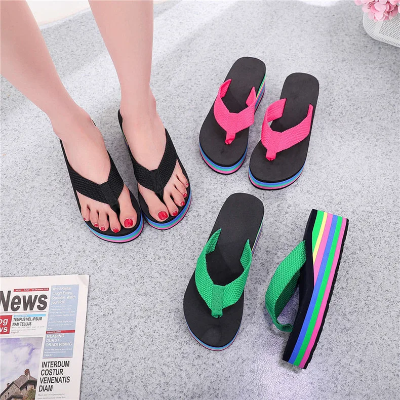 Women's Rainbow Color Platform Flip Flops Summer Thick Sole Lightweight Slip-on Wedges Sandals Girls Beach Slippers