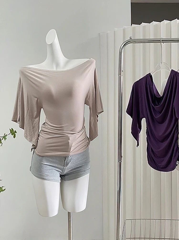Sexy Summer Off Shoulder T Shirt Women Elegant Batwing Short Sleeve Cowl Neck Tops Korean Chic Tight T Shirt Lady Tees 2025 New