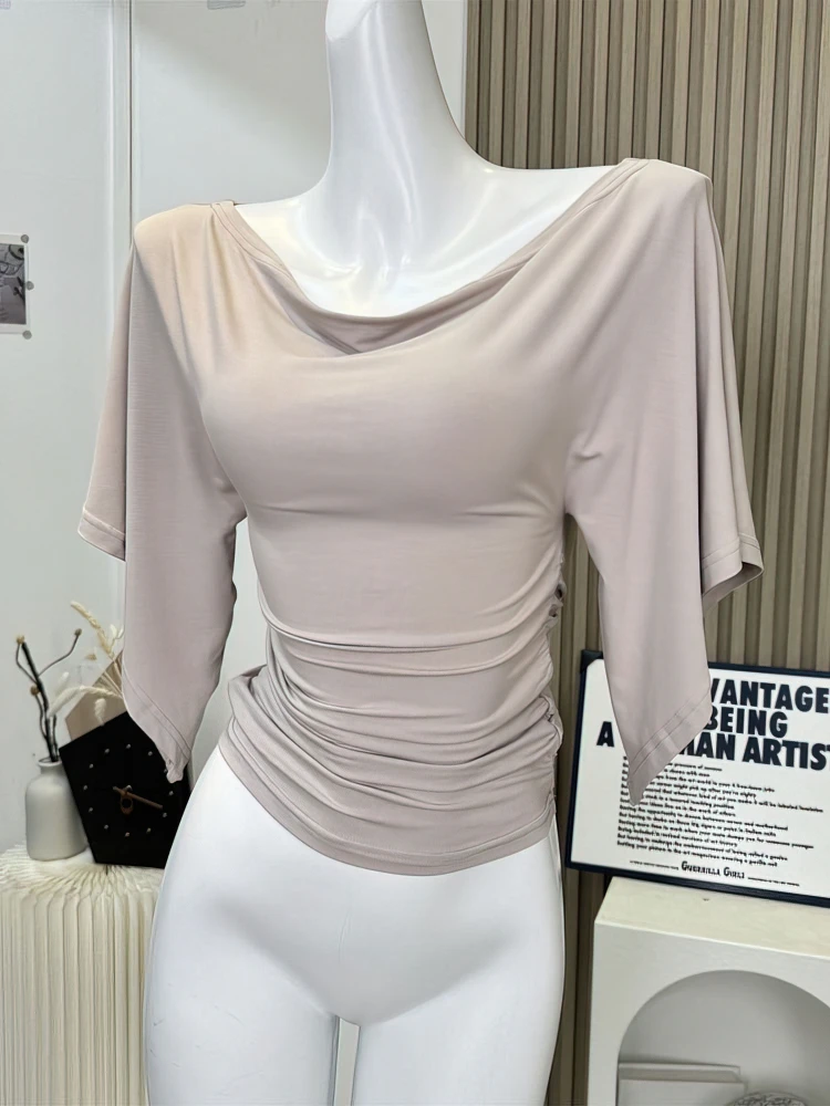 Sexy Summer Off Shoulder T Shirt Women Elegant Batwing Short Sleeve Cowl Neck Tops Korean Chic Tight T Shirt Lady Tees 2025 New