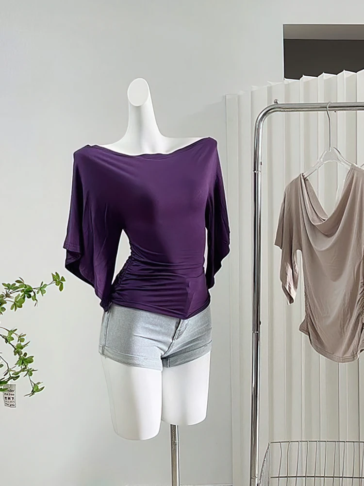 Sexy Summer Off Shoulder T Shirt Women Elegant Batwing Short Sleeve Cowl Neck Tops Korean Chic Tight T Shirt Lady Tees 2025 New
