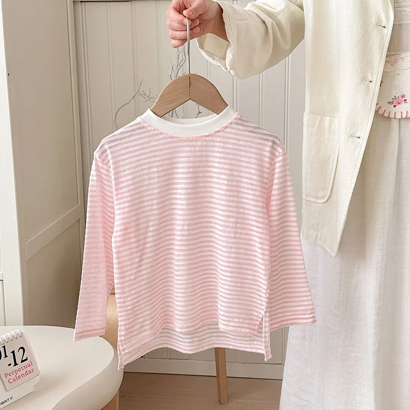 Summer Thin Children Girls Long Sleeves Cotton Round Collar Baby Girl T-shirts Loose Striped Toddler Kid Girl Undershirts