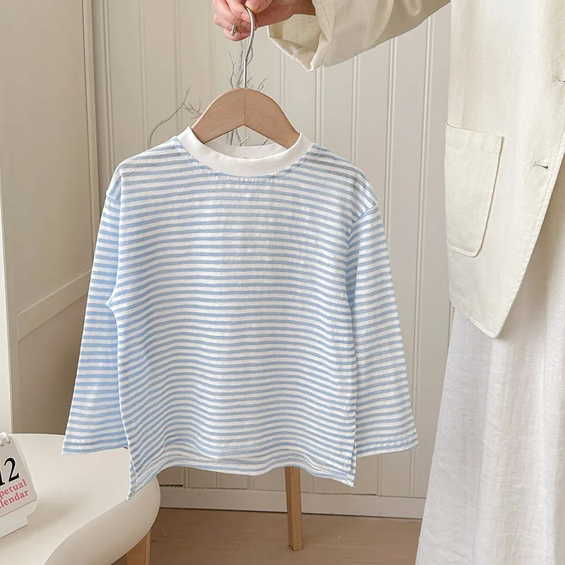 Summer Thin Children Girls Long Sleeves Cotton Round Collar Baby Girl T-shirts Loose Striped Toddler Kid Girl Undershirts