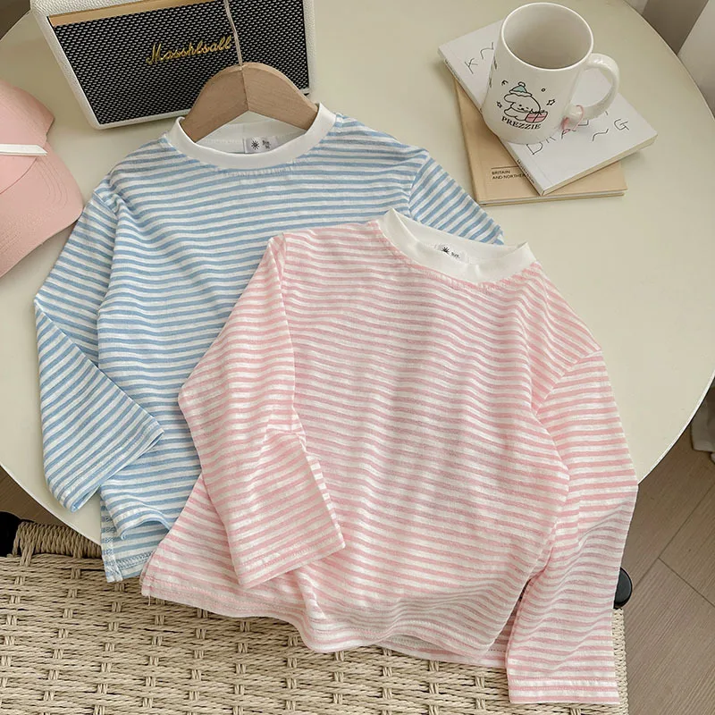 Summer Thin Children Girls Long Sleeves Cotton Round Collar Baby Girl T-shirts Loose Striped Toddler Kid Girl Undershirts