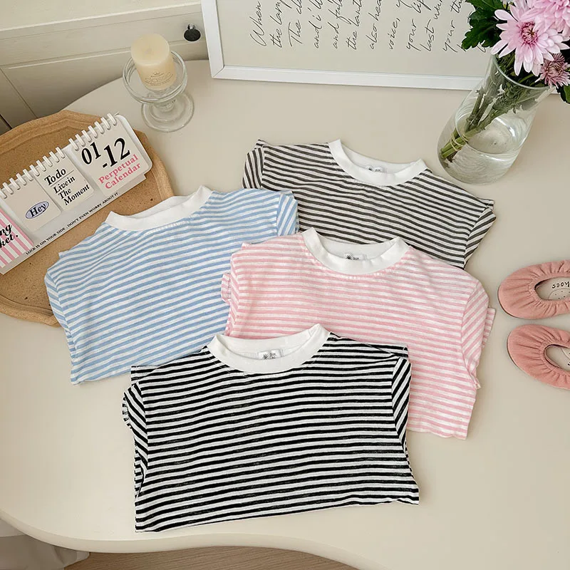 Summer Thin Children Girls Long Sleeves Cotton Round Collar Baby Girl T-shirts Loose Striped Toddler Kid Girl Undershirts