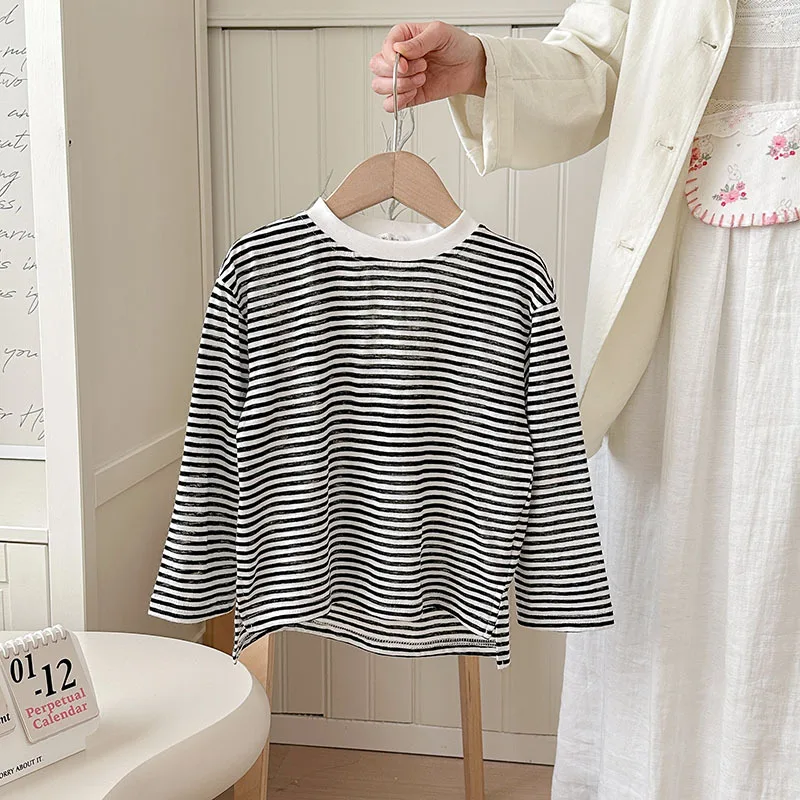 Summer Thin Children Girls Long Sleeves Cotton Round Collar Baby Girl T-shirts Loose Striped Toddler Kid Girl Undershirts