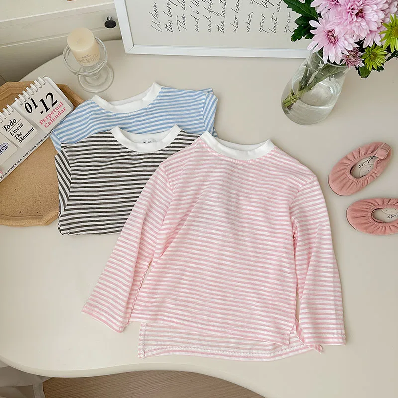 Summer Thin Children Girls Long Sleeves Cotton Round Collar Baby Girl T-shirts Loose Striped Toddler Kid Girl Undershirts