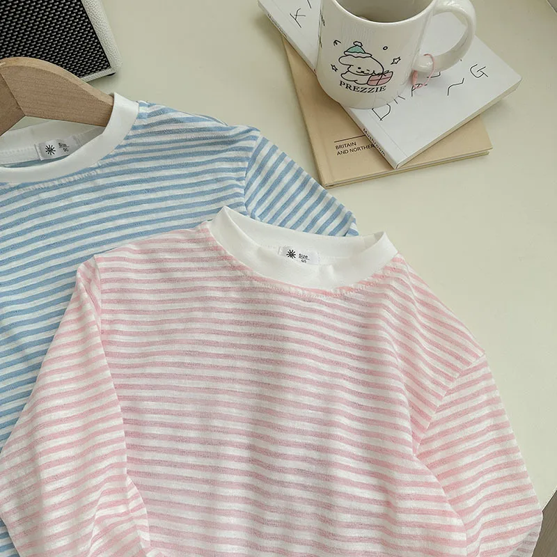 Summer Thin Children Girls Long Sleeves Cotton Round Collar Baby Girl T-shirts Loose Striped Toddler Kid Girl Undershirts